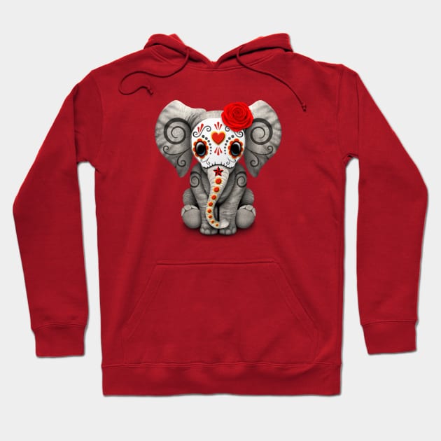 Red Day of the Dead Sugar Skull Baby Elephant Hoodie by jeffbartels